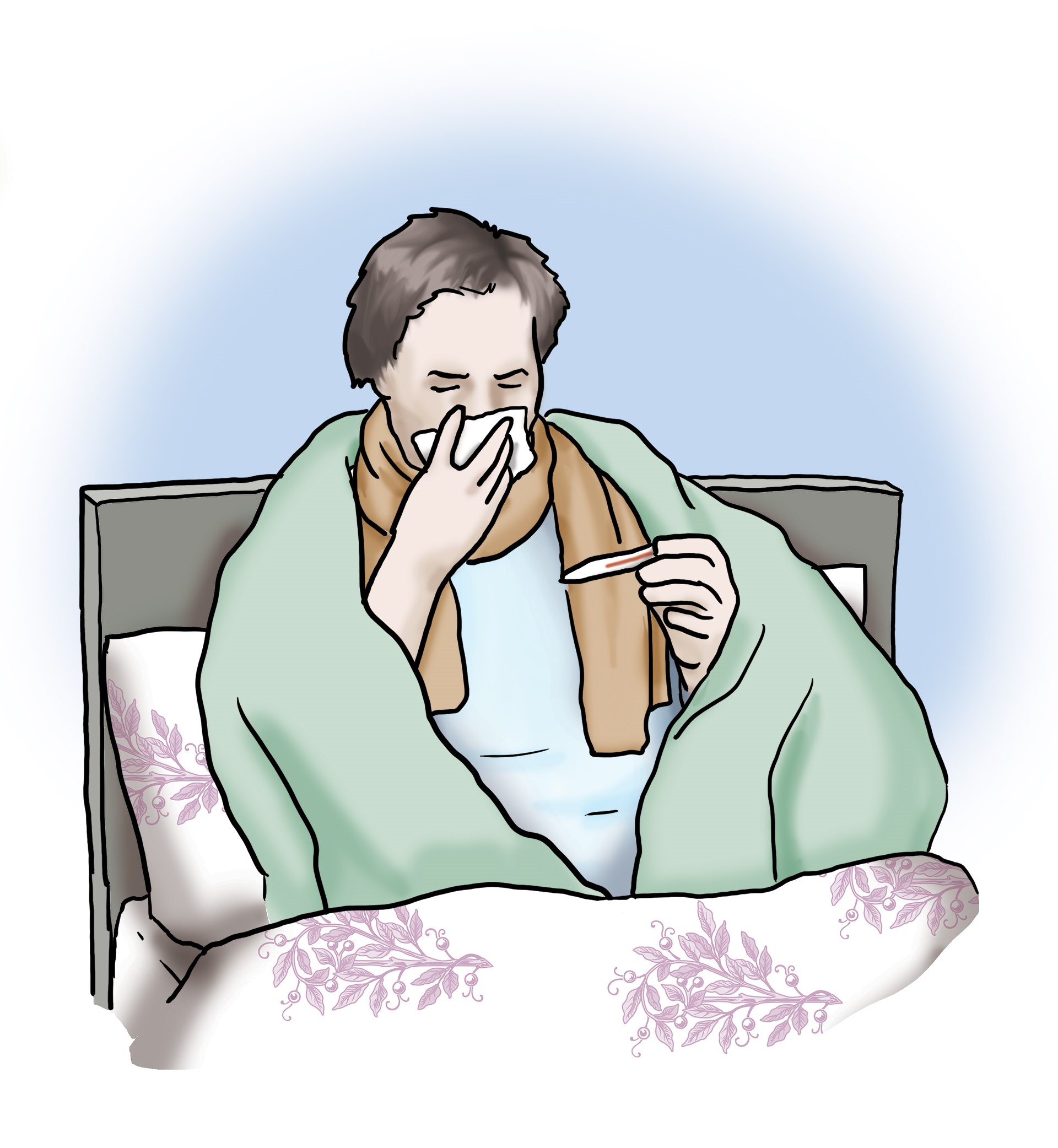 Kranke Person sitzt im Bett. Sie trägt einen Schal, ist zugedeckt, putzt sich die Nase und schaut auf ein Fieberthermometer.