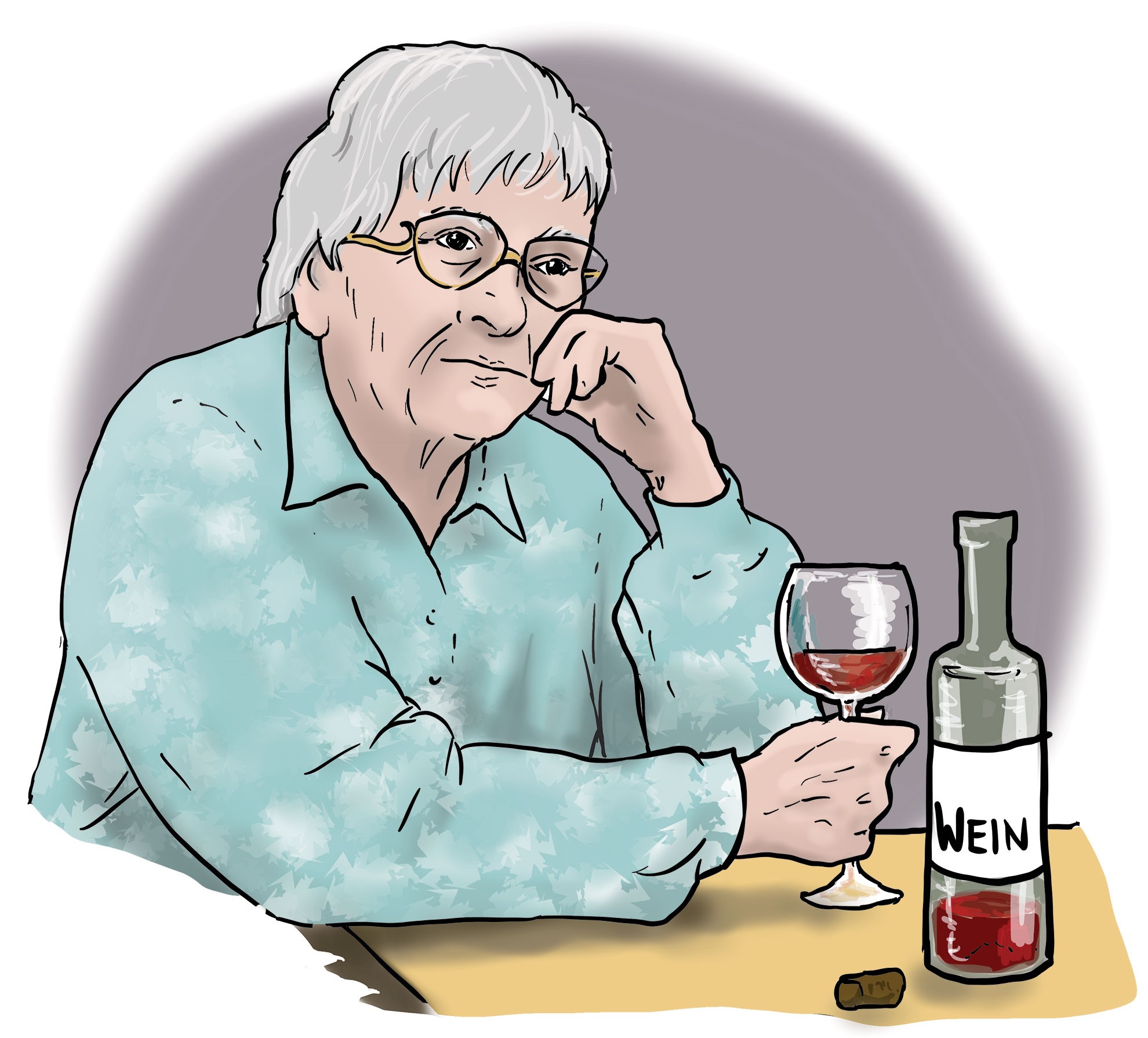 Eine ältere Dame sitzt am Tisch, stützt ihren Kopf ab und trinkt Wein.