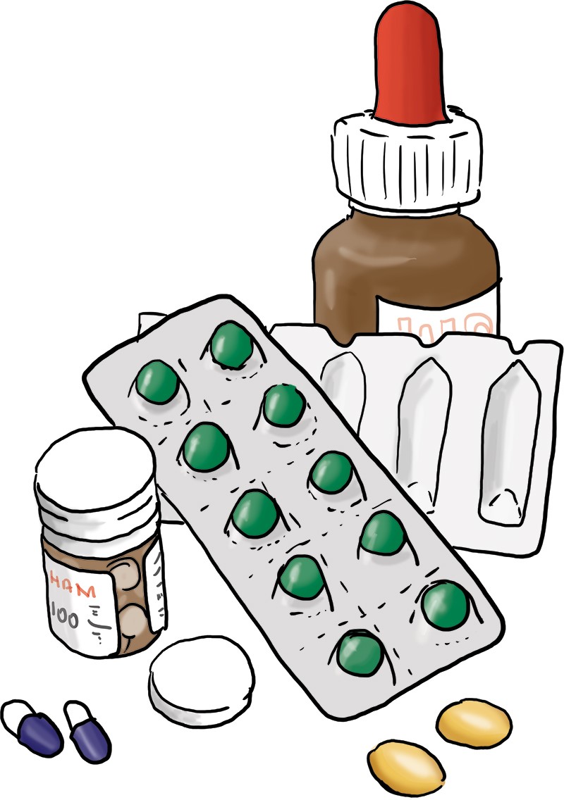 Verschiedene Tabletten, Medizin, eine Tröpfchenflasche und unterschiedliche Tablettenverpackungen
