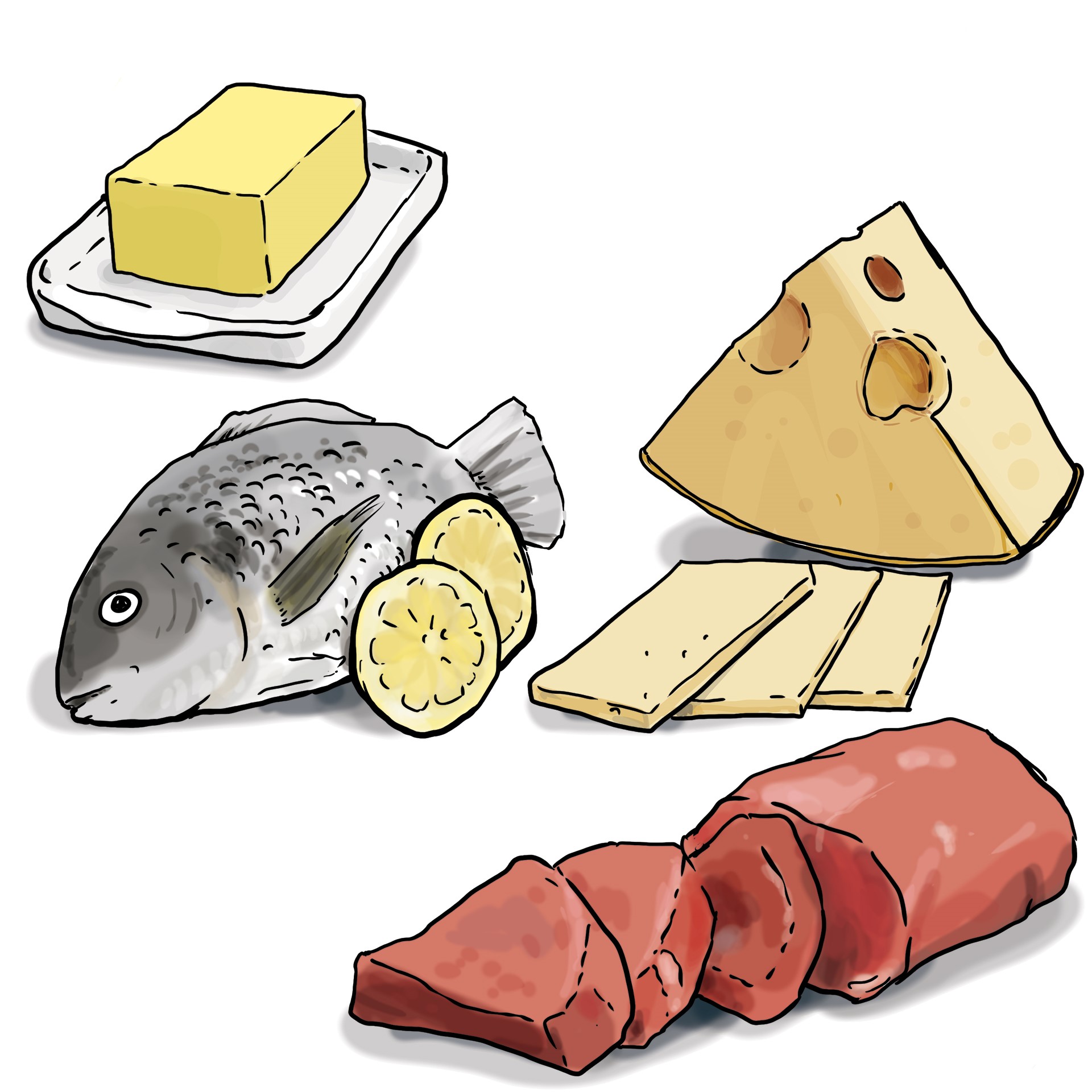 Butter, ein Fisch mit zwei aufgeschnittenen Zitronenscheiben, Käse am Stück und einzelne Käsescheiben und ein Fleischstück, welches bereits angeschnitten wurde.