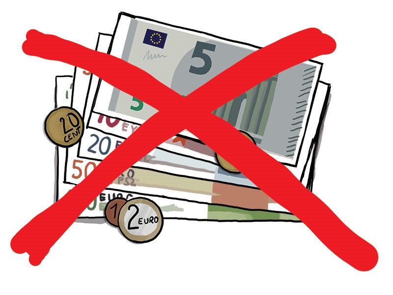 Geldscheine (Euro) und Münzen, welche mit einem fetten roten Kreuz durchgestrichen sind