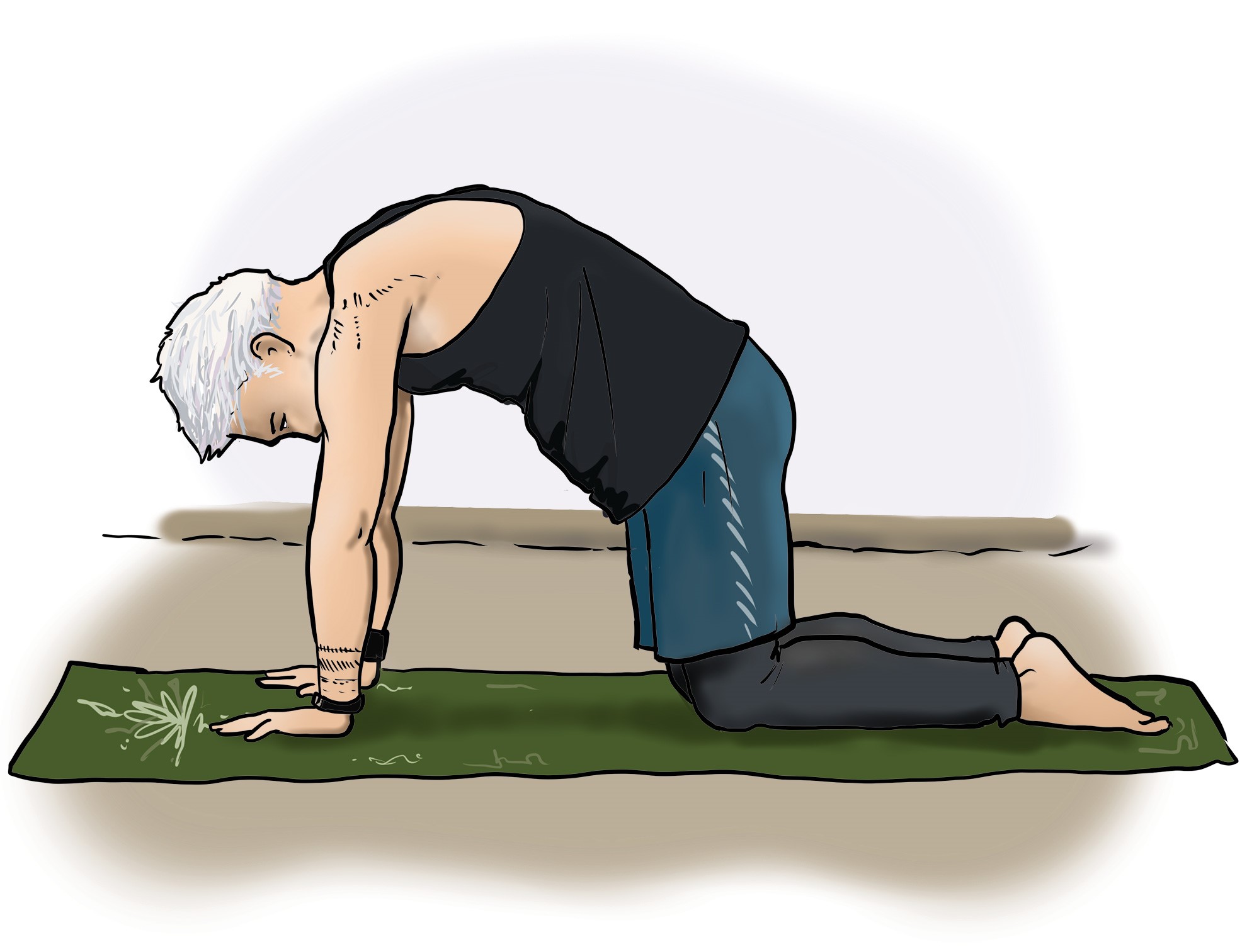 Ein Mann mit weißen Haaren macht eine Sportübung (auch als Katzenbuckel bezeichnet) auf einer Yogamatte