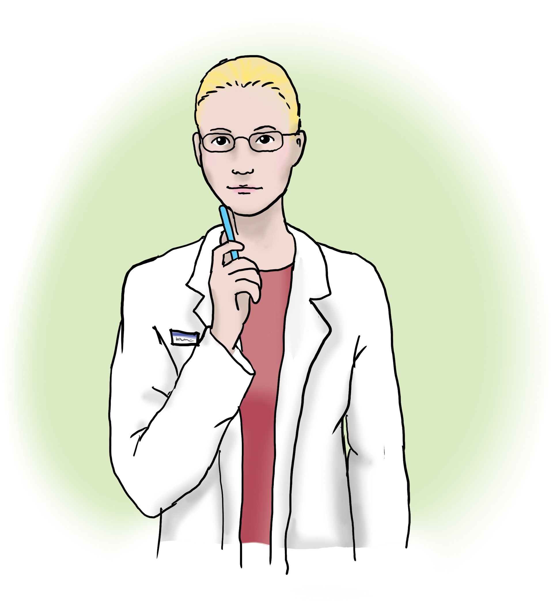 Wissenschaftlerin trägt Kittel und hält einen Stift ans Kinn; sie sieht nachdenklich aus. 