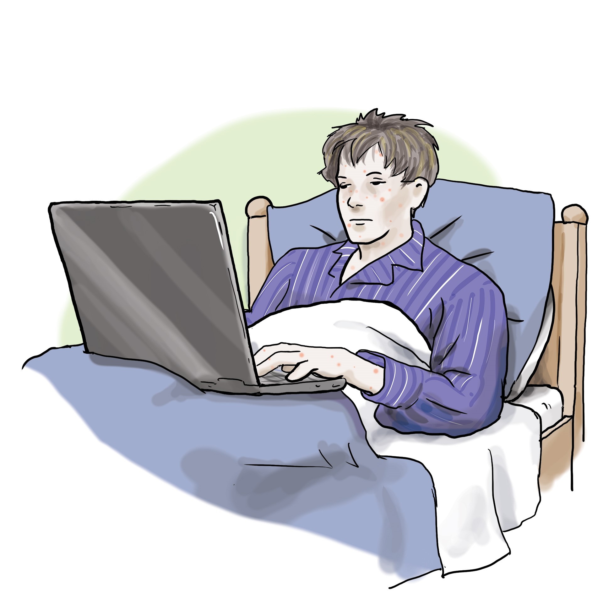Person sitzt krank im Bett und tippt auf dem Laptop, welcher auf seinem Schoß liegt. 