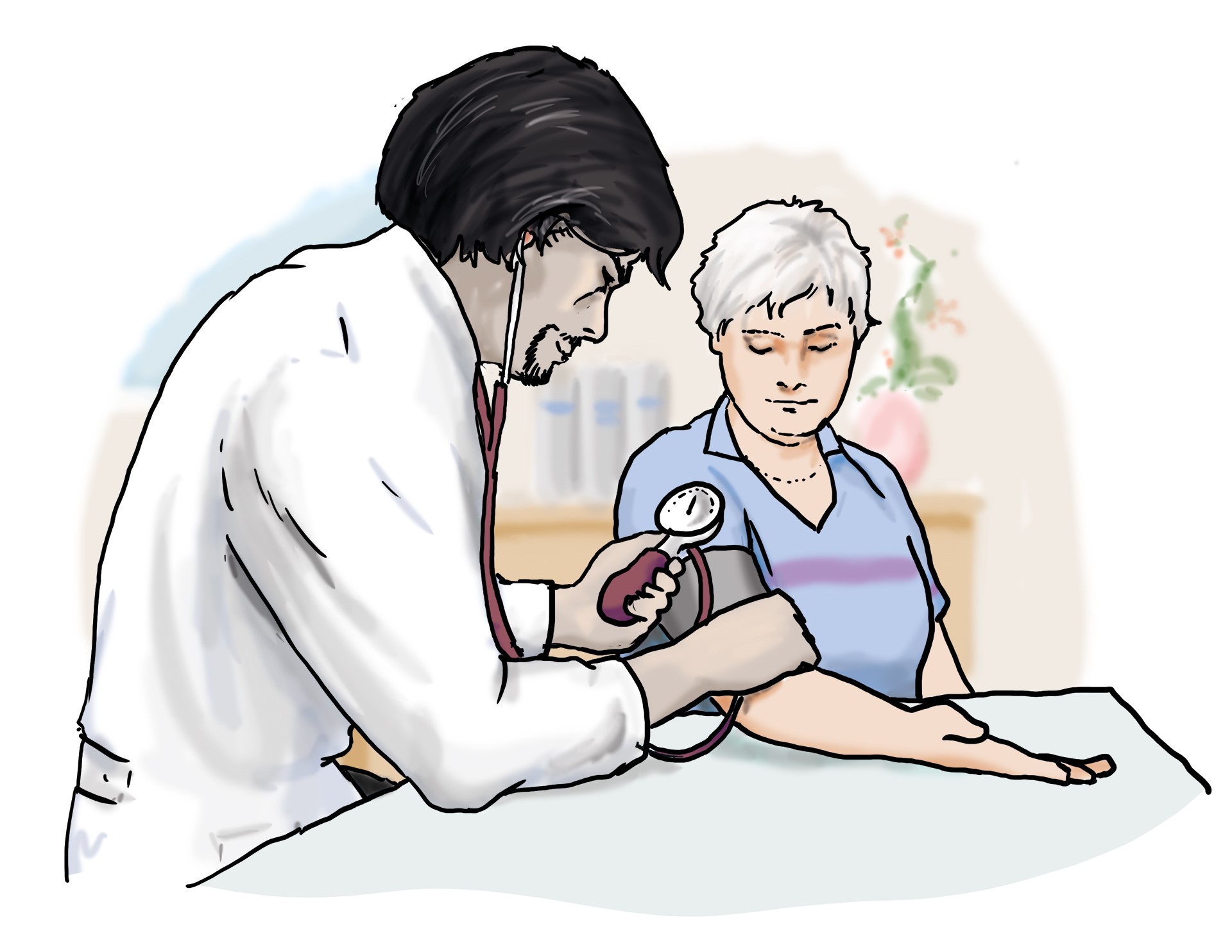 Ein Arzt misst den Blutdruck einer Patientin.