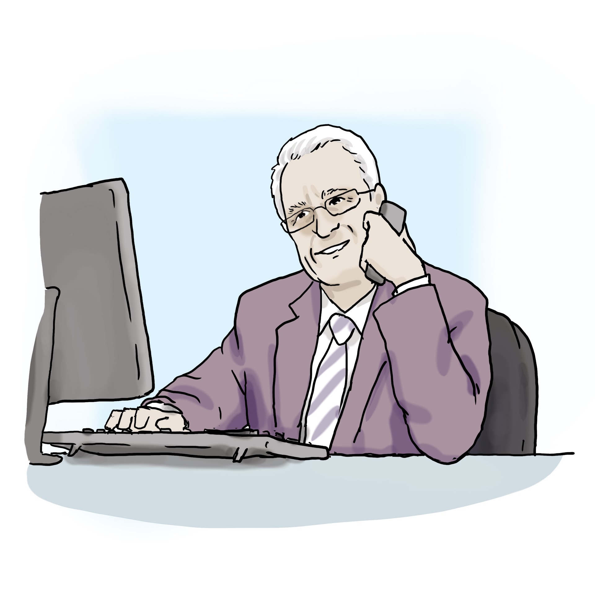 ein älterer Herr sitzt am Computer, er trägt Anzug und telefoniert, während er auf den Bildschirm schaut. 