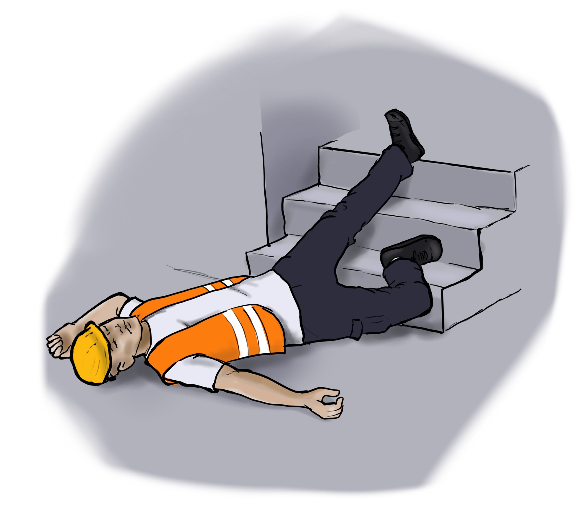 ein Mann in Arbeitskleidung (gelber Schutzhelm und orangene Warnweste mit Leuchtstreifen) liegt am unteren Ende einer Treppe auf dem Boden, er ist zuvor gestürzt und scheint bewusstlos zu sein.