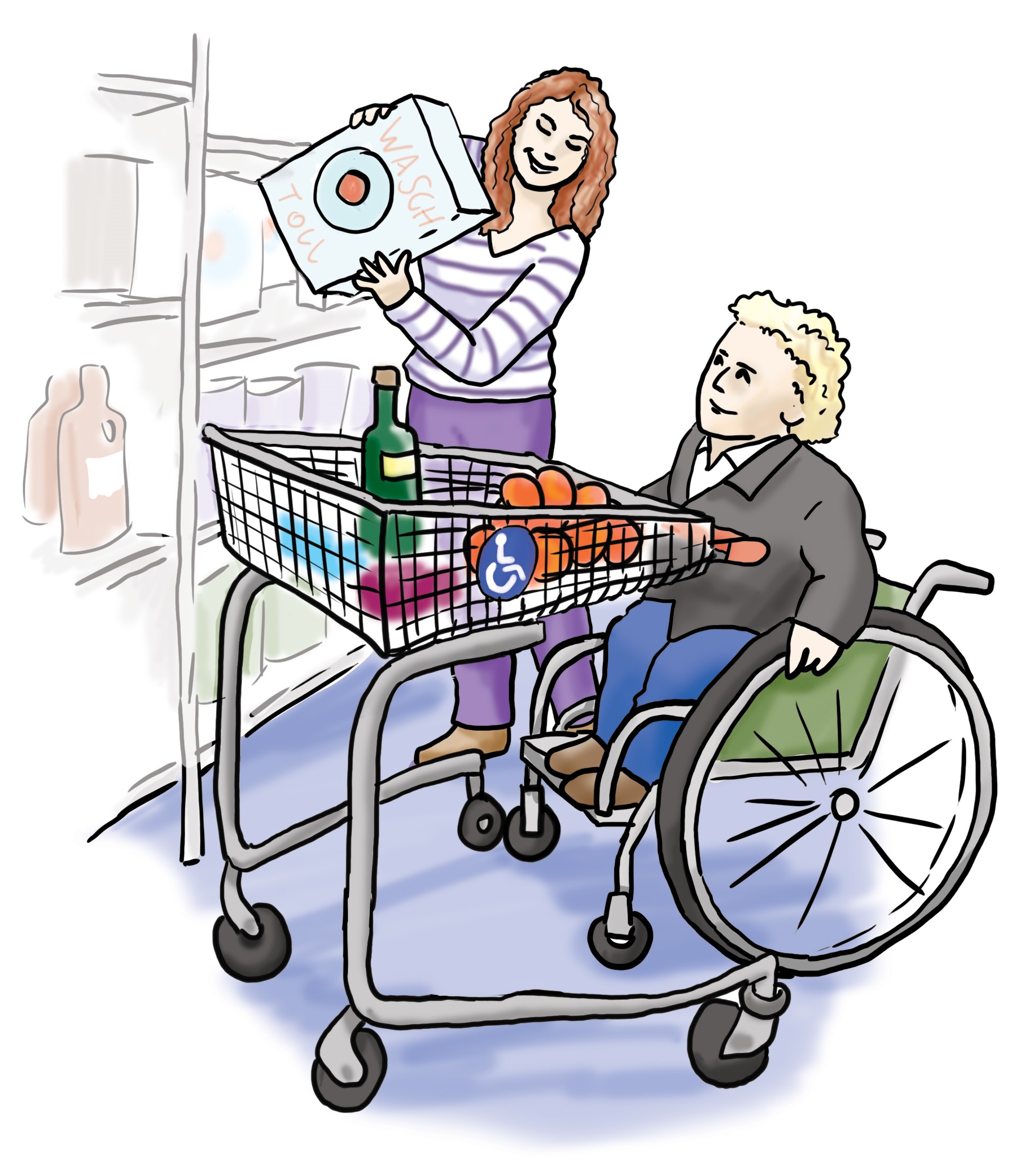 zwei Personen im Einkaufsladen, eine Person sitzt im Rollstuhl und schiebt den Einkaufswagen, die zweite Person steht daneben und legt eine Packung mit Waschpulver in den Wagen. 
