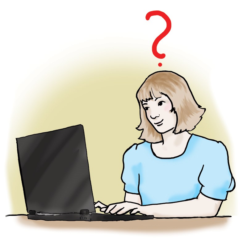 Eine Frau sitzt vor dem Laptop und tippt. Über ihrem Kopf ist ein Fragezeichen zu sehen.