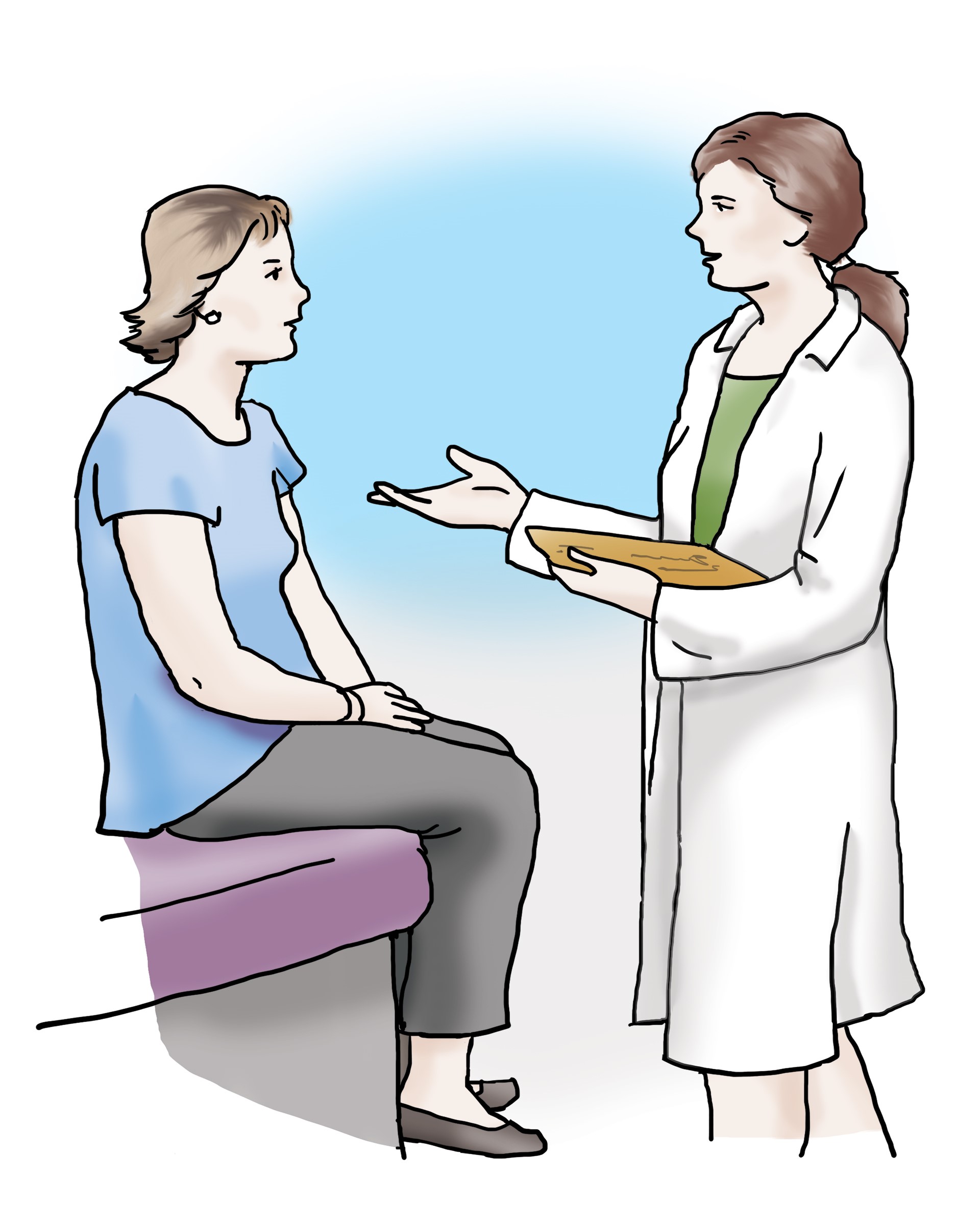 Ärztin unterhält sich mit ihrer Patientin. Die Ärztin erklärt der Patientin etwas und hat ein Klemmbrett in der Hand. 