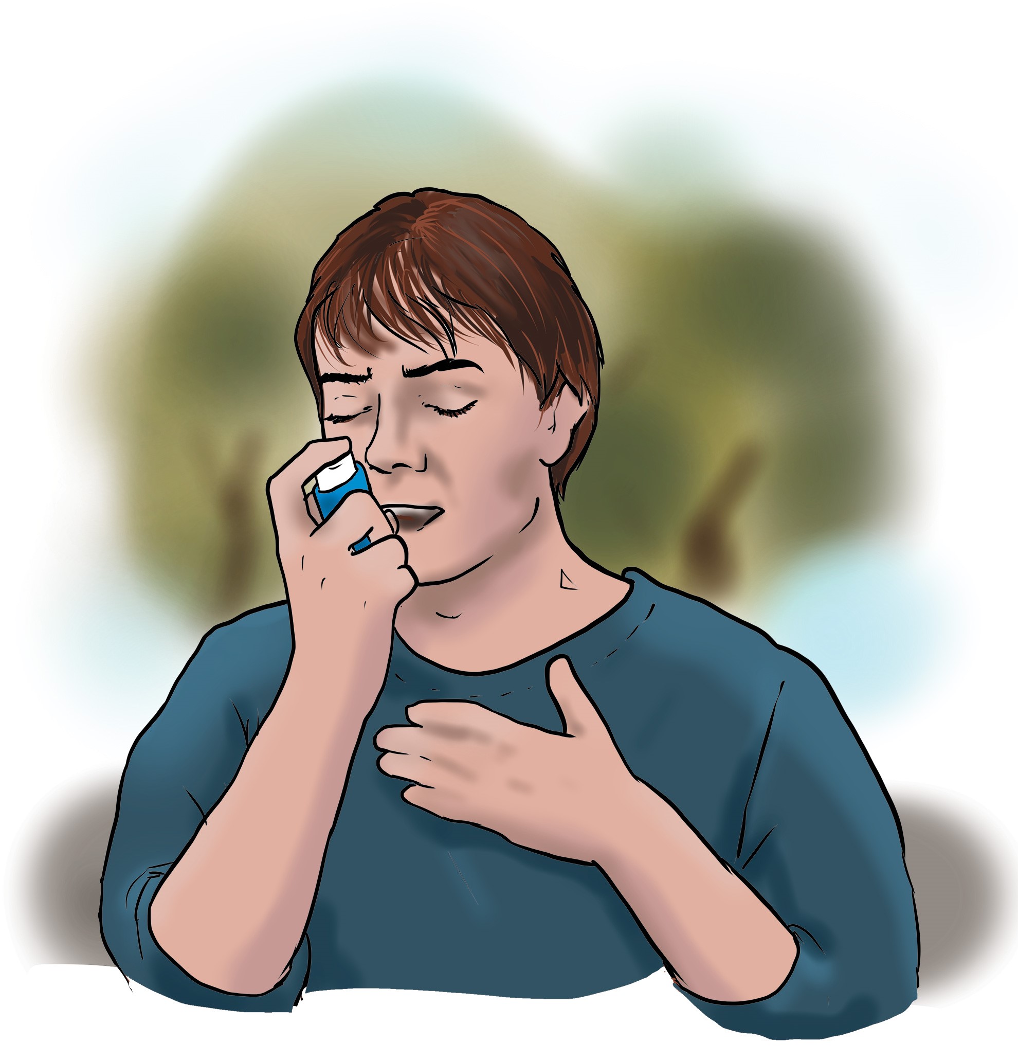 Eine Frau sprüht sich mit der rechten Hand Asthma-Spray in ihren Mund und legt dabei ihre linke flache Hand auf die Brust.