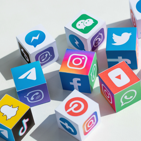 Würfel, die mit Symbolen verschiedener sozialer Netzwerke, Plattformen und Nachrichtendiensten bedruckt sind.